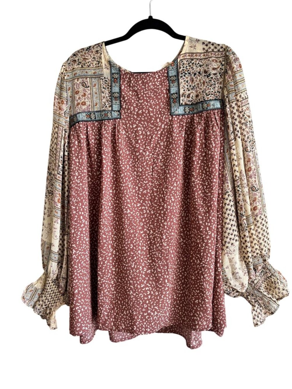 Boho Patchwork Floral Animal Print Blouse By Entro Long Sleeve Relaxed Fit Top